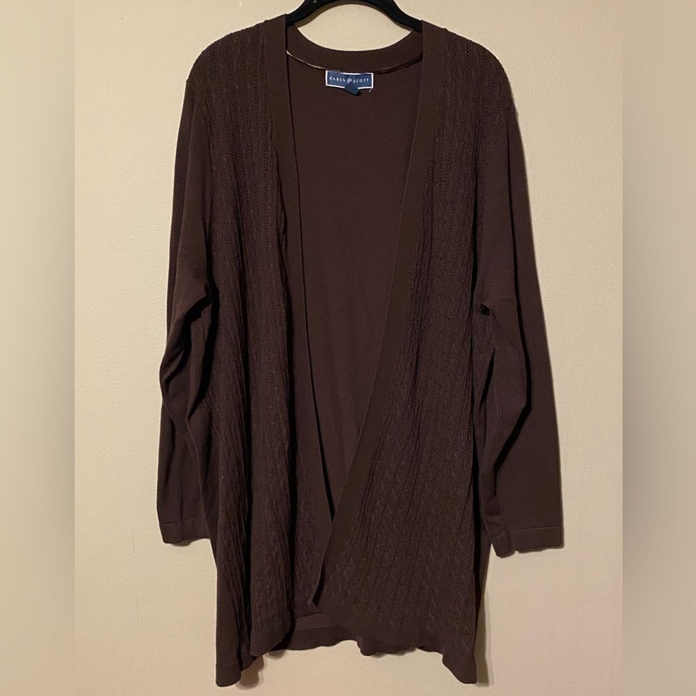 Karen Scott Women's Long Cardigan Sweater Size 3X Lightweight Brown Open Front